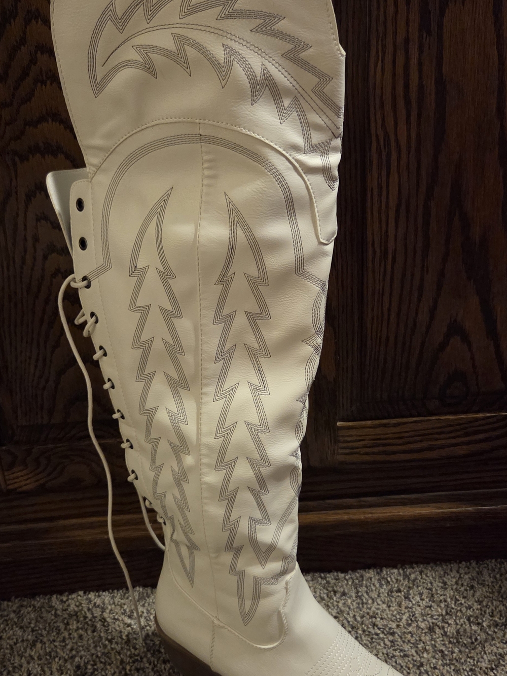 White Lace-Up Western Thigh-High Boots - Picture 2 of 4